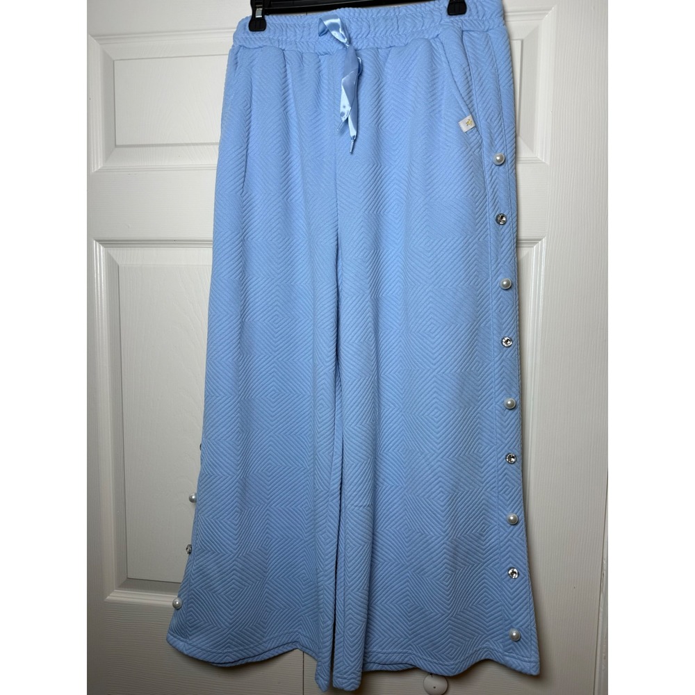 Simply Southern Surf Blue Quilted Capri Pants Pearl Rhinestone Wide Leg XL NEW